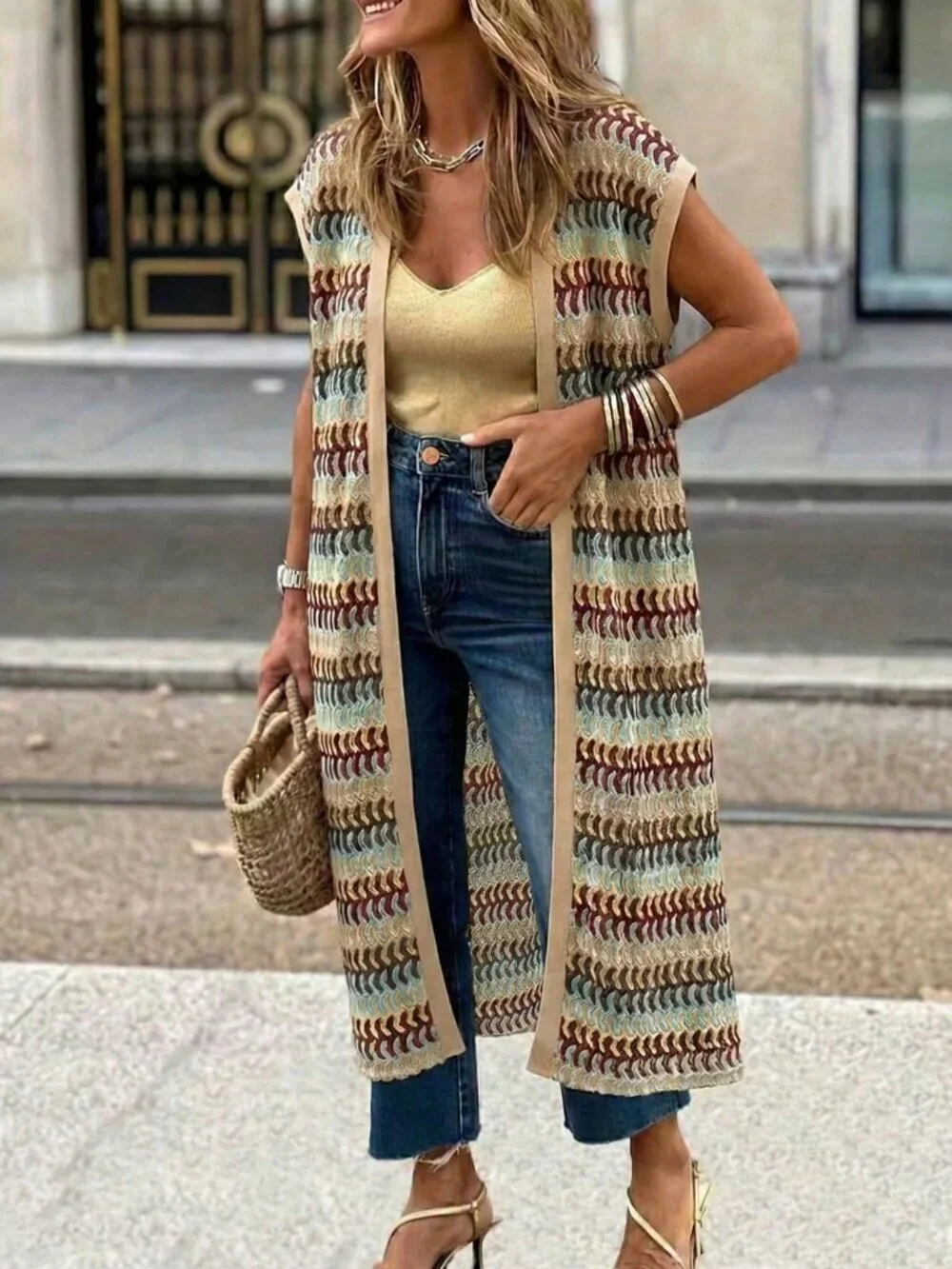 Apricot Casual Women's Plus Size Long Sleeve Patchwork Cardigan